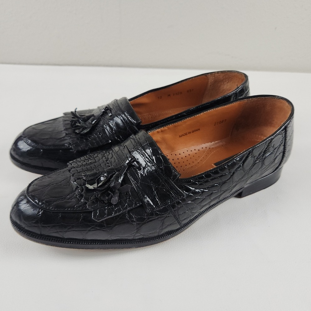 Mezlan Platinum Loafers 12 Black Genuine Crocodile Kiltie Tassel Spain 1129